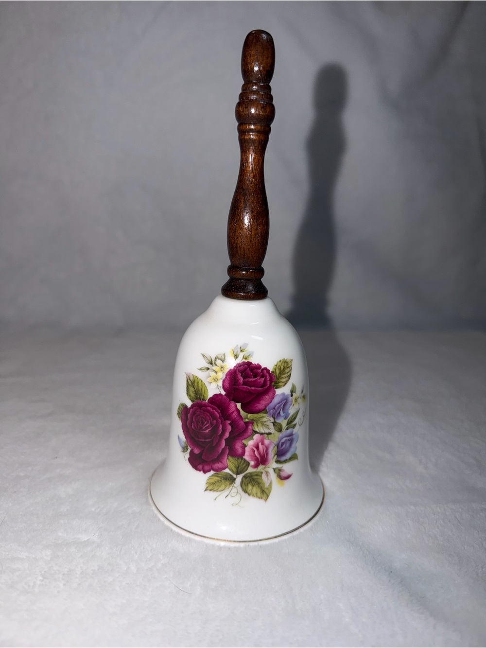 Vintage Fine Bone China Bell with Turned Wood Handle Floral Cottage Rose Design